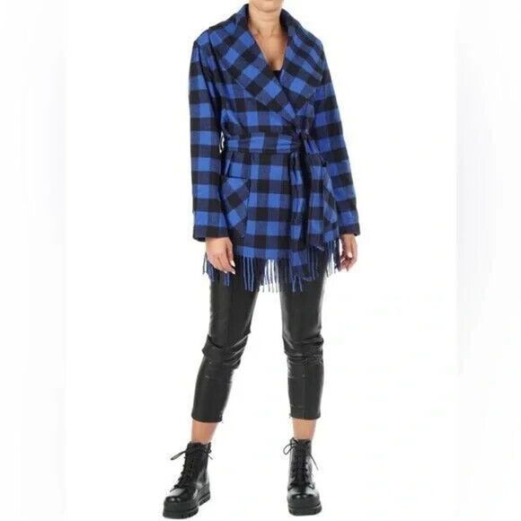 New POLO RALPH LAUREN Checked Fringe-Edge Belted Jacket Size Large - Picture 2 of 7